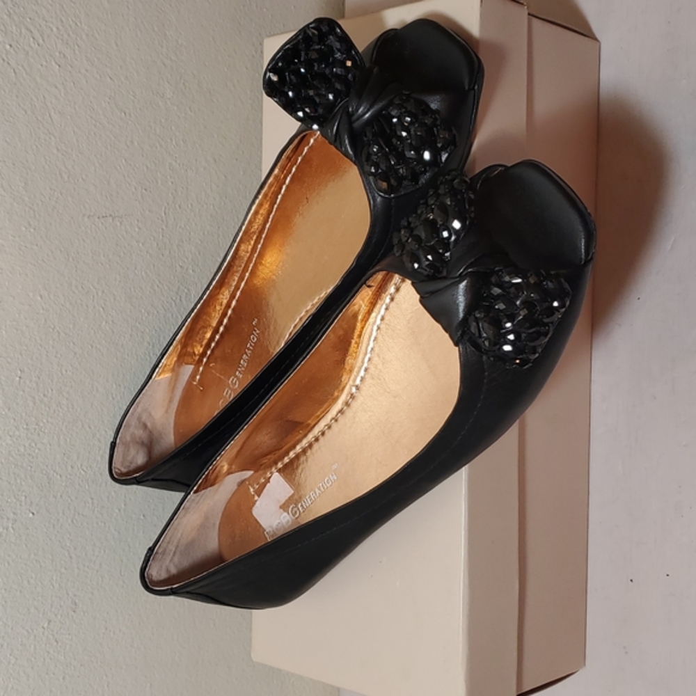BCBGeneration Channa Beaded Knot Peep-Toe Ballet Flats - Black Size 6